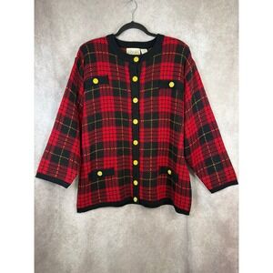 NWT VTG 90s JUST FOR‎ WOMEN Red Plaid Button Front Cardigan 1X Goldtone Buttons